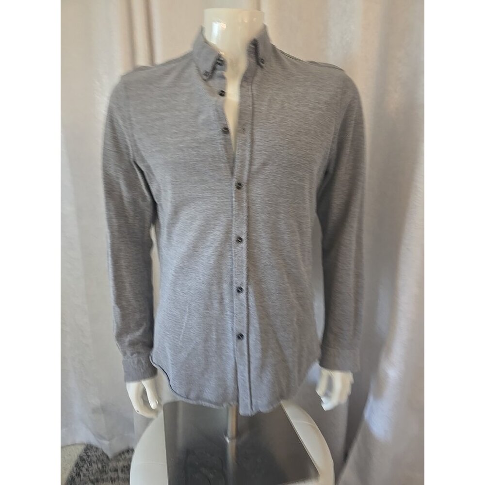 Zara Man Shirt Men Gray Elbow Patches Button-Up Dress Blue Slim Fit Long Sleeve - Picture 1 of 7